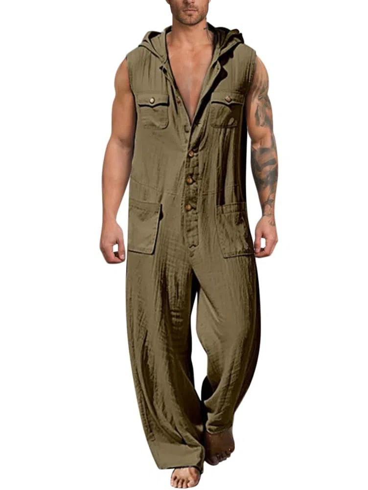 Herren Overalls Einteiliges Strampler mit Kapuze Sommer Jumpsuit Ärmellos Einfarbig Set Hose Lang mit Taschen Mode Casual Overall Hemd Baumwolle Leinen One-piece Schlafanzug