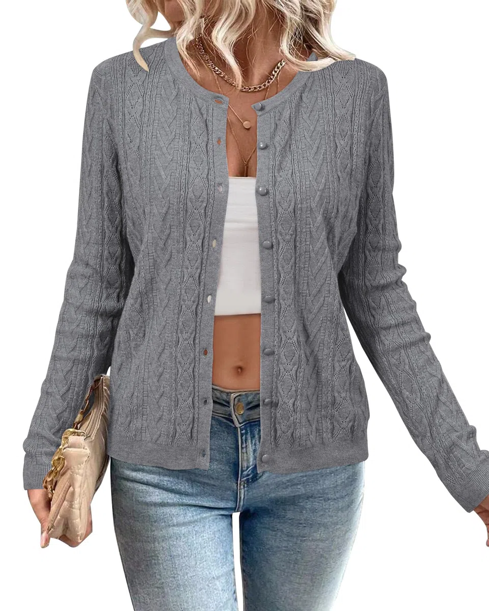 Arach&Cloz Damen Strickjacke Leichte Langarm Rundhals Ausschnitt Cardigan Früling Sommer Strickpullover mit Knopf
