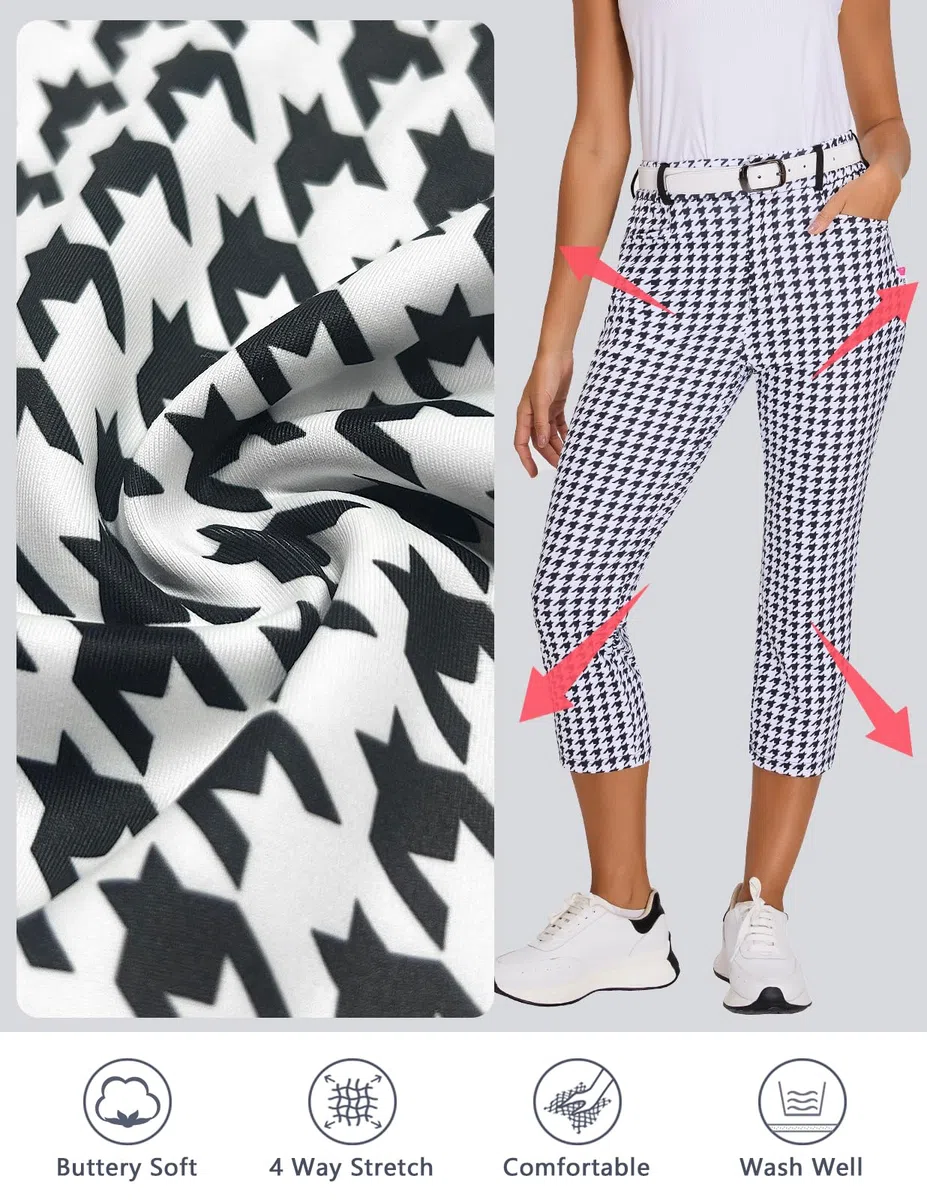 Golfhose Damen 7/8 Golf Hose Stretch mit Rechte Reißverschlusstasche Gürtelschlaufen Soft Golf-Hosen Caprihosen Leichte Jogginghose