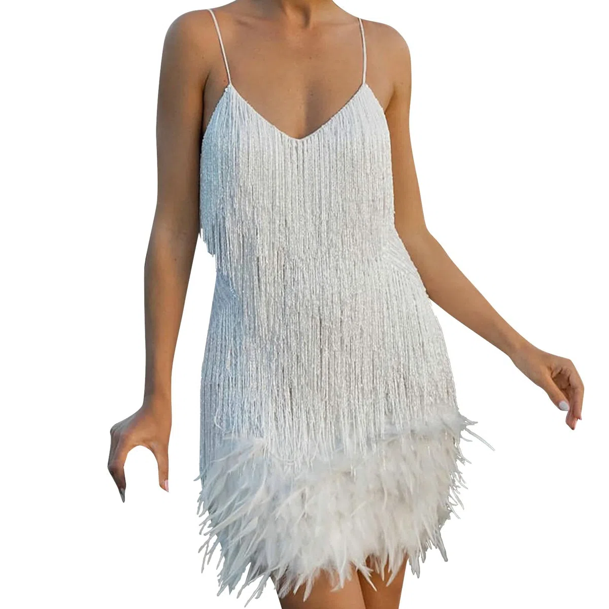 1920er Jahre Kleid Damen Glitzer Flapper Kleid Pailletten Fransenkleid Gatsbykleid 20er Jahre Charlestonkostüm Spaghettiträger Minikleid Kurz Latein Tanzkleid für Hochzeit Party