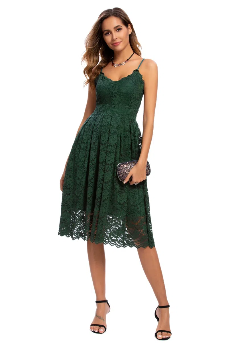 Atnlewhi Damen Vintage ärmellosen V-Ausschnitt A-Linie Kleid Blumen Knielang Spitzenkleid Brautjungfer Elegante Cocktailkleider