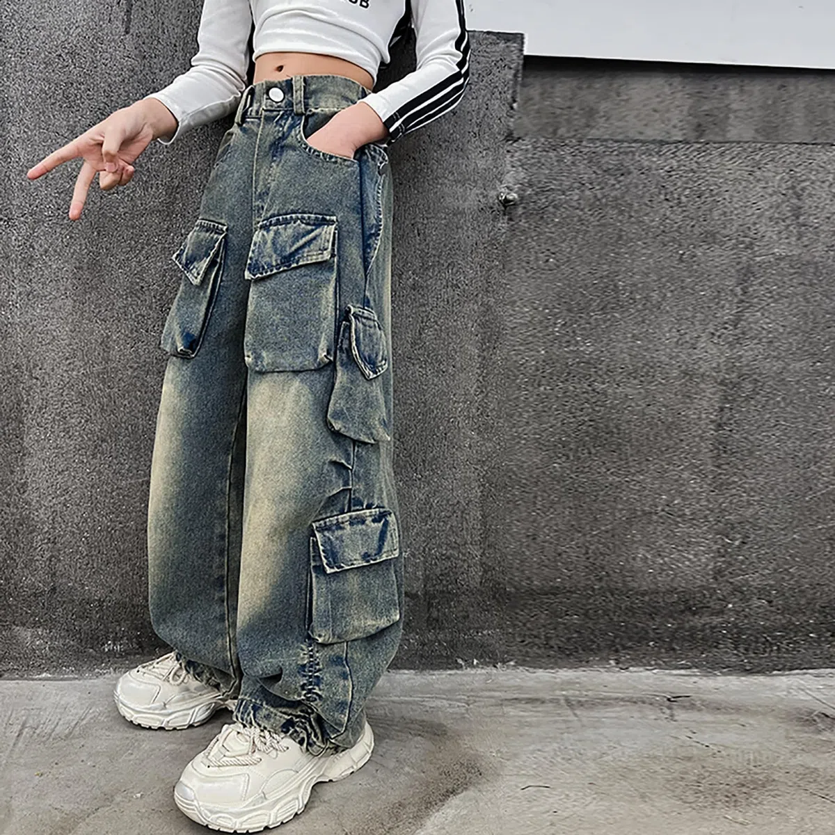 Rolanko Baggy Cargo Jeans für Mädchen, Elastische Hose mit Hoher Taille und Weitem Bein Y2K Jeanshose mit Mehreren Taschen