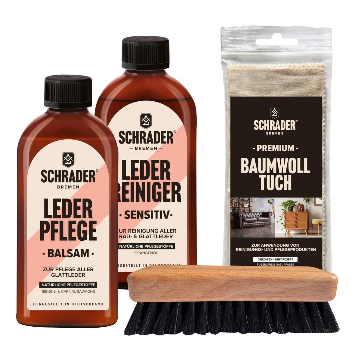 SCHRADER Anzugschuhe Lederpflegeset - Schuhputzset mit Pflegemitteln zur Schuhpflege von Lederschuhen - 4-teilig - Made in Germany