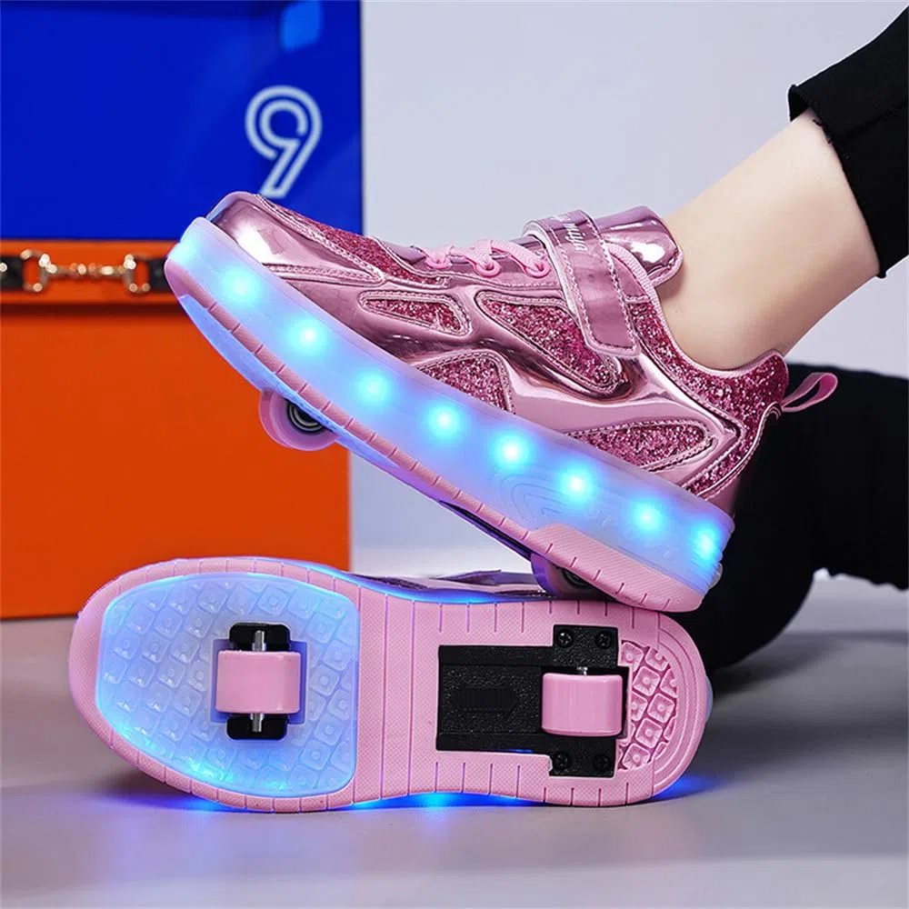 Mateju Kinder Schuhe mit Rollen für Jungen Mädchen 2-in-1 Rollschuhe Versenkbarer Doppelt Rollen Funkelnde Pailletten Outdoor Sportschuhe Roller Schuhe Turnschuhe Skateboardschuhe
