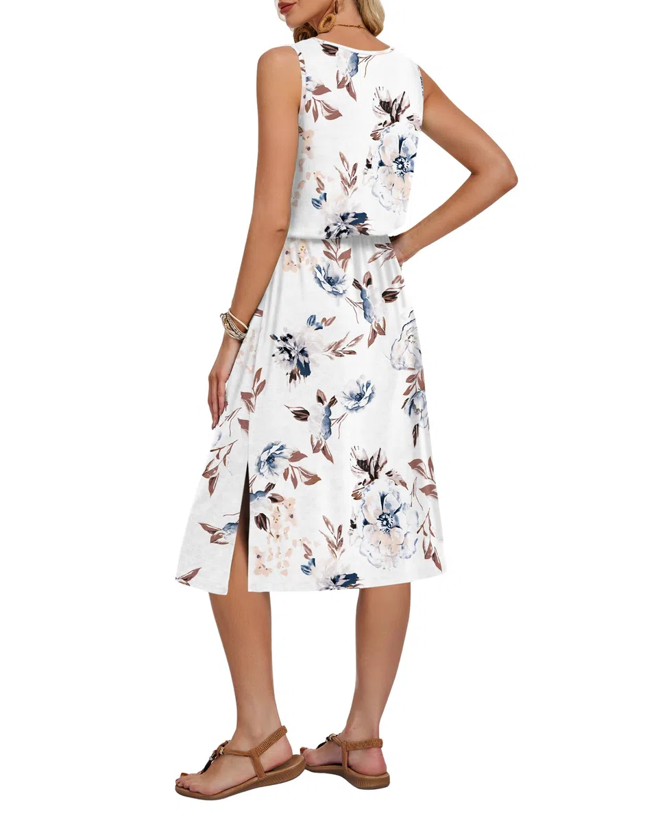 AUSELILY Sommerkleid Damen Ärmelloses Midi Strandkleid KordelzugKleid Schlitz leicht Luftiges Kleider Damen mit Taschen