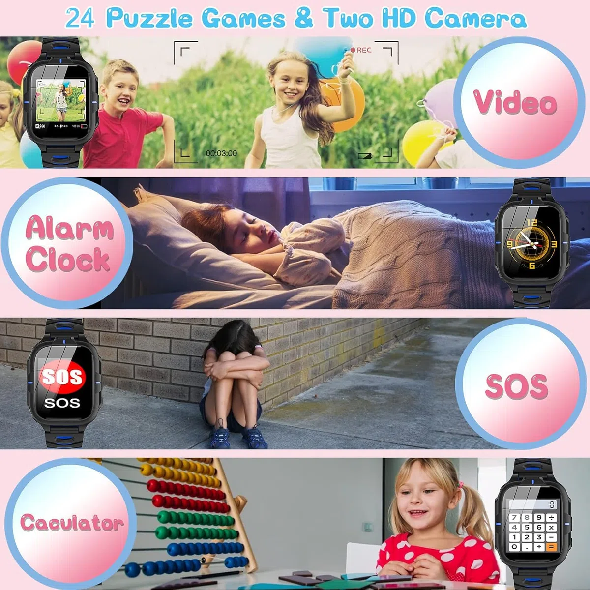 Smartwatch für Kinder Mit Telefon, SOS, 24 Spiele, MP3 Musik, Wecker, Recorder - Geschenk für Jungen und Mädchen (1 GB Micro-SD-Karte Enthalten)