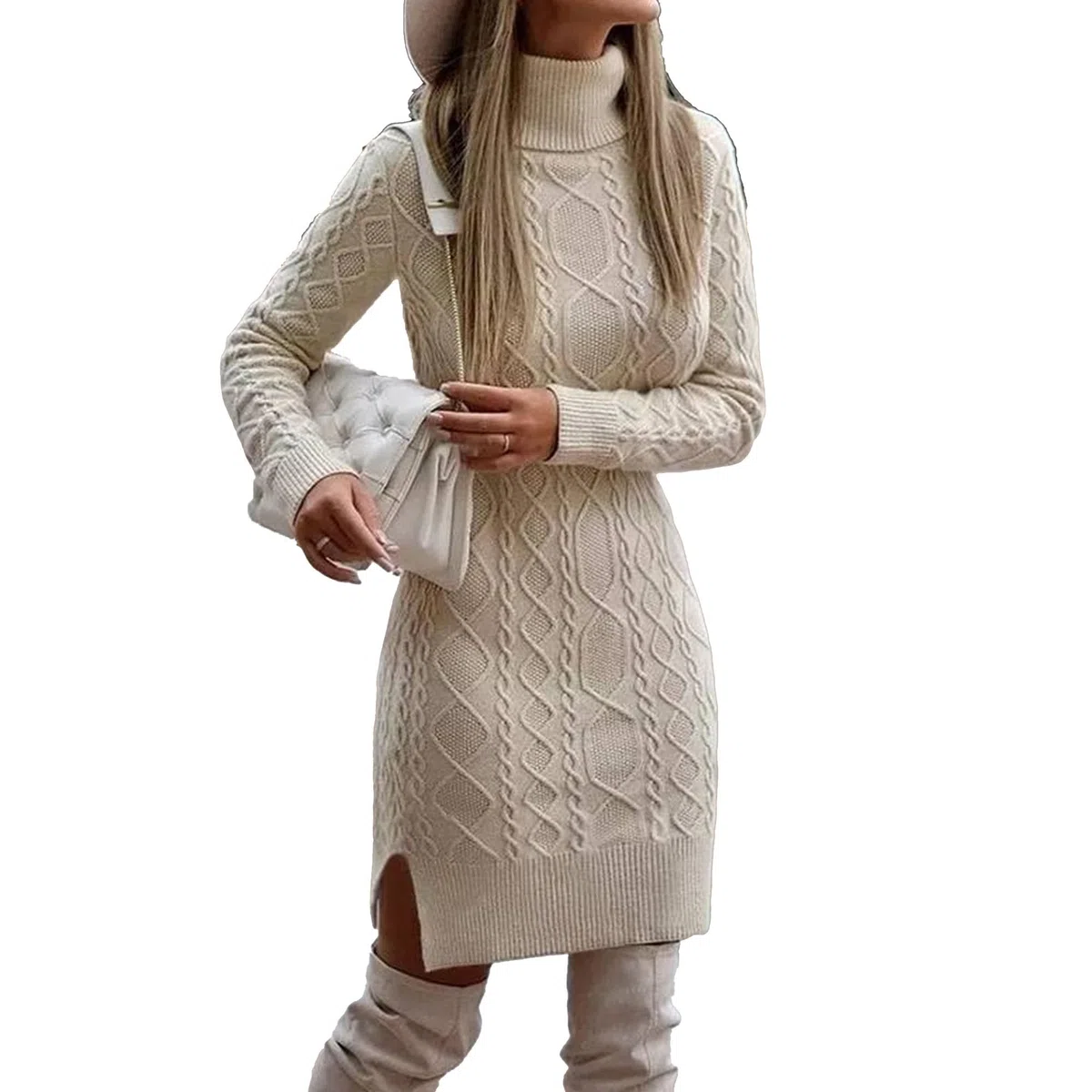 Damen Strickkleid mit Rollkragen Wrapped Elegant Einfarbige Slim Pulloverkleid Langarm Lässige Midlangkleid für Herbst Winter