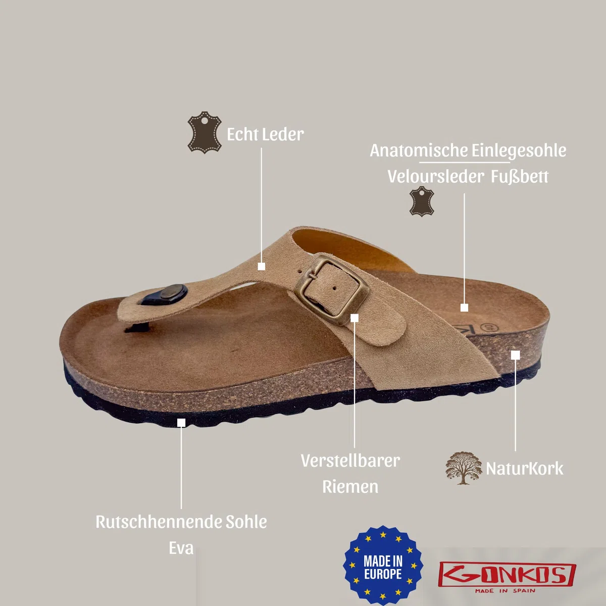 Ledersandalen, Zehentrenner, anatomische Kork-Innensohle, Echtes Leder, Naturkork, Verstellbare Schnalle, Unisex-Zehensandalen, rutschfeste EVA-Sohle, Qualitätssandale Made in Spain