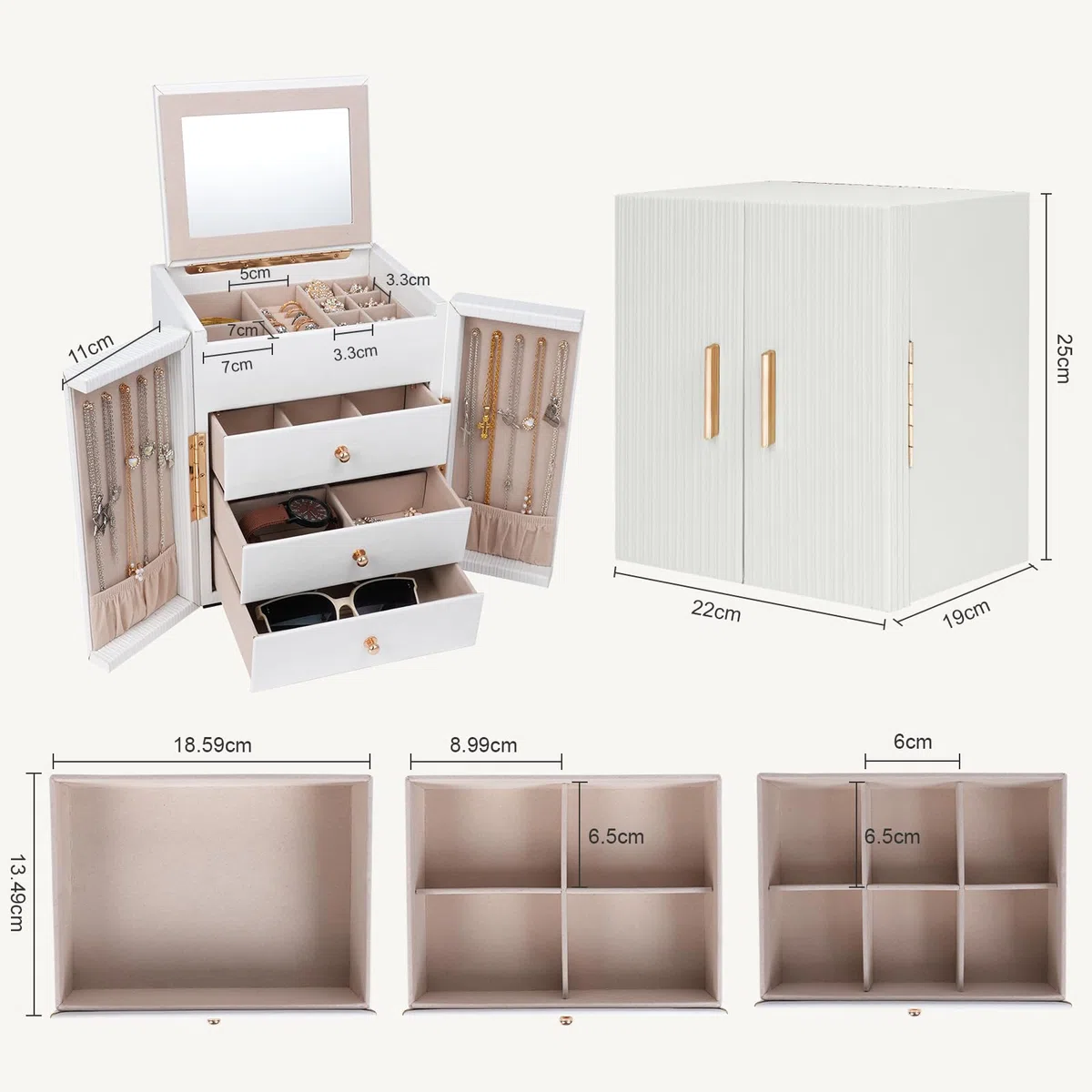 Dajasan Groß Schmuckaufbewahrung, Schmuckkästchen mit 3 Schubladen, Schmuckkasten mit Doppeltür & Spiegel, Schmuckschrank für Schminktisch, PU-Leder Vertikale Textur, Geschenk für Damen (Weiß)
