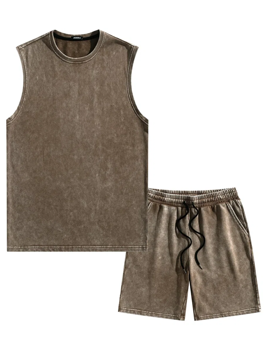 JMIERR Herren 2 Pcs Wasserwäsche Tanktop Outfits Baumwolle ärmellos T-Shirt und Short Vintage Sommer Set S-3XL