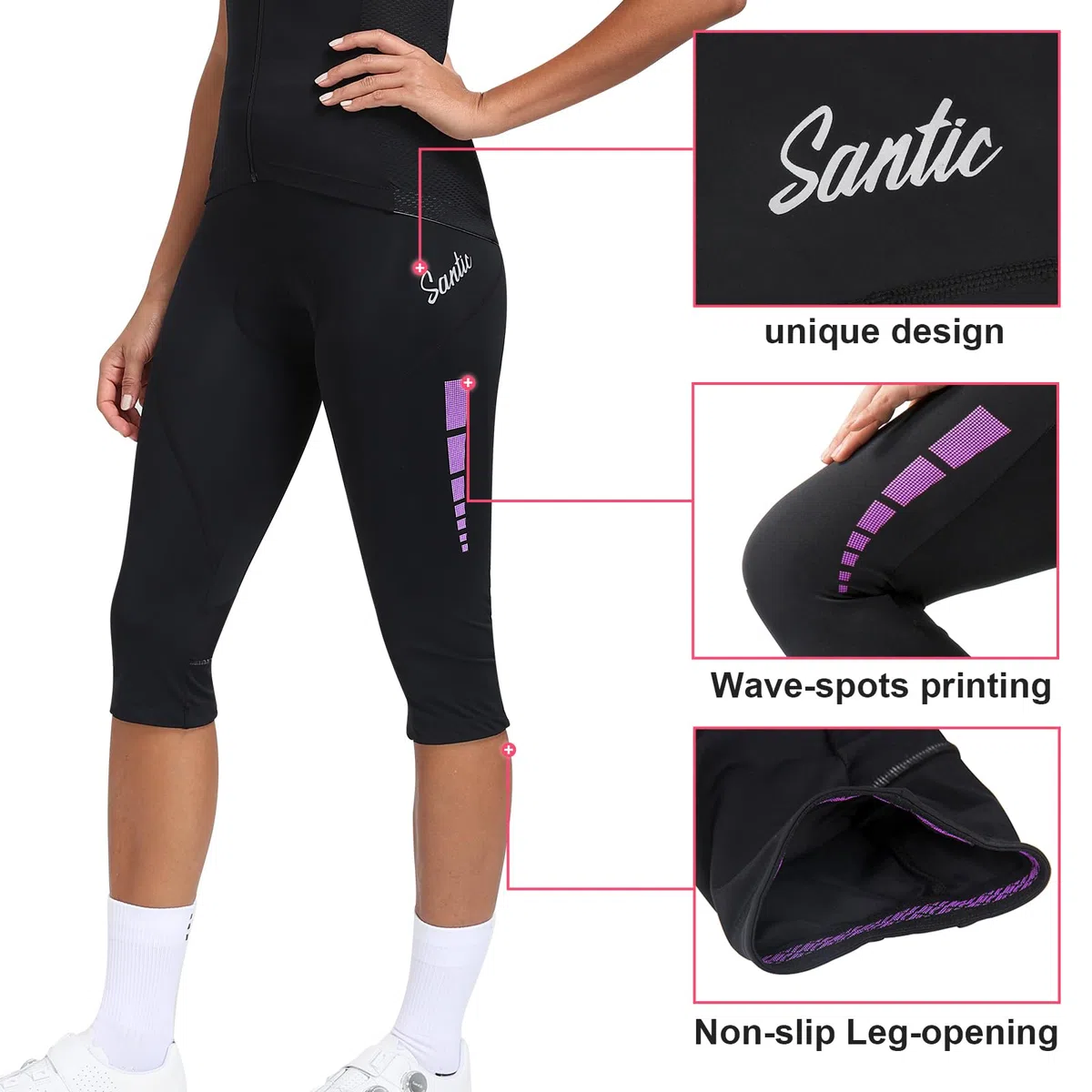 Santic Frauen Radfahren Shorts gepolstert 3/4 hohe Taille Bike Shorts Fahrrad Capris für Frauen mit Taschen