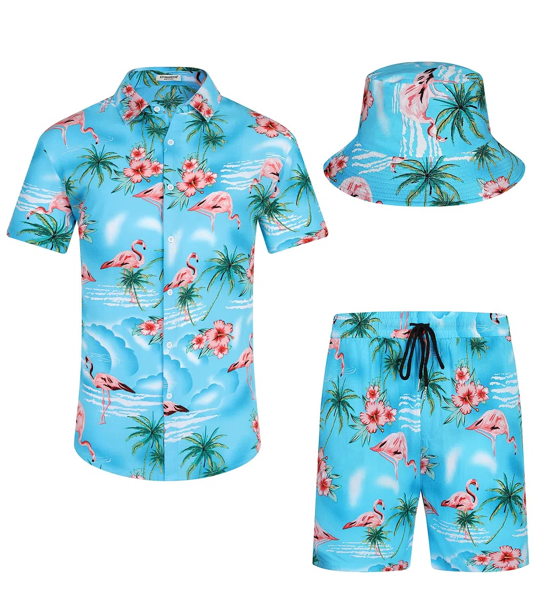 Hawaii-Hemd und Shorts für Herren 2-teilig, Lässig Button-Down-Shirts Sommer Strand Outfits mit Hüten