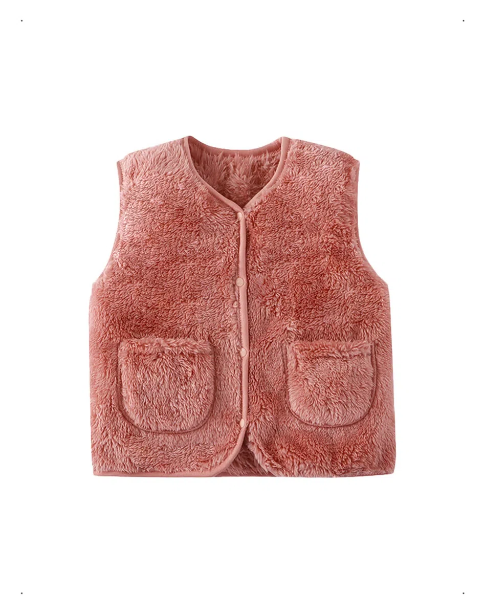 Baby Mädchen Weste Winter Fleece Jacken, Baby Warme Fleecejacke, Kleinkind Süß Druckknöpfen Fleeceweste Kinder Ärmellose Gilet, Unisex Waistcoat Jacke mit Tasche, Beige/Rosa, 1-7 Jahre