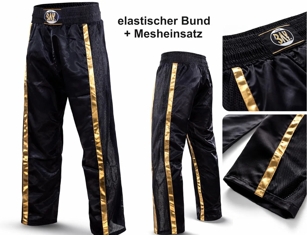 Bay Netz Mesh Kickboxhose Kampfsporthose Schwarz lang Mesh-Netzeinsatz Kontraststreifen in Gold seitlich Polyester Erwachsene Damen Herren Kinder Jungen Mädchen Größen 5XS - XXL