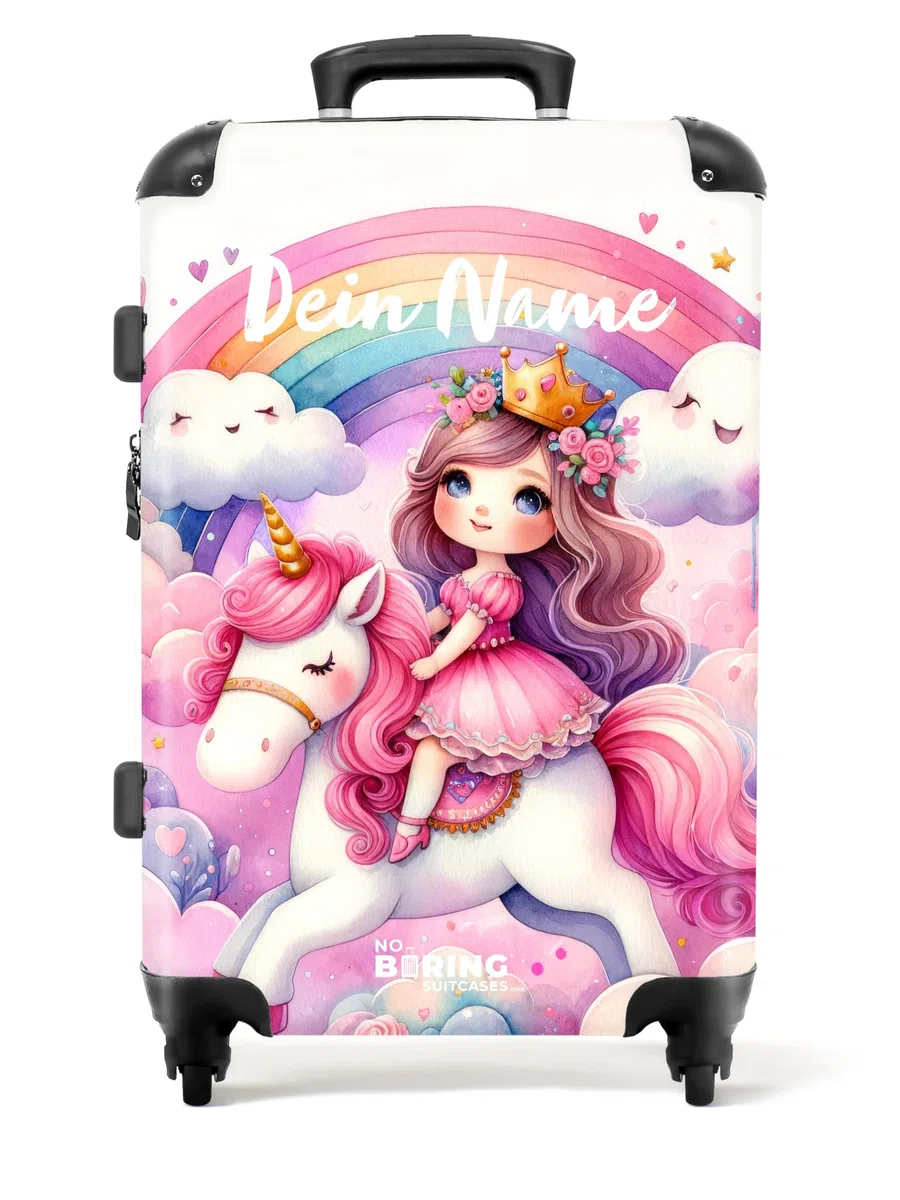 NoBoringSuitcases.com Kinderkoffer Personalisiert für Mädchen - Großer Reisekoffer, TSA, 20kg Gepäck, Mittelgroß (Prinzessin-Regenbogen, 67 cm - 72 L)