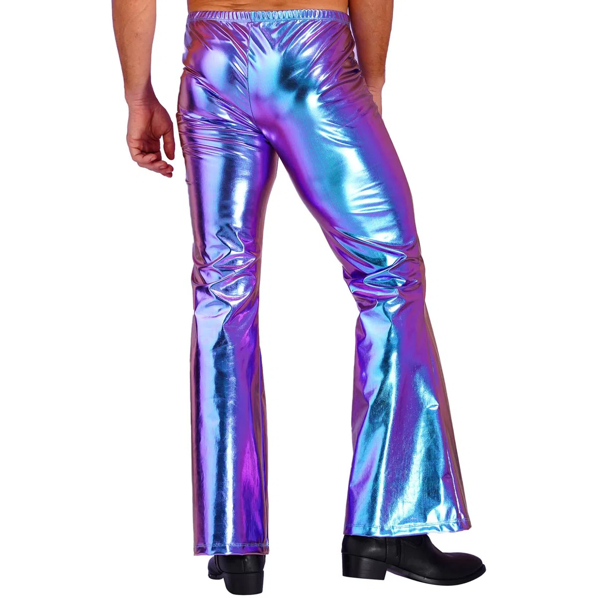 Herren Metallic Hose High Waist Glänzende Leggings Holographic Schlaghose Tanzhose Weites Bein Jazzpants 70er 80er Jahre Nachtcub Party Outfit Bunt XXL