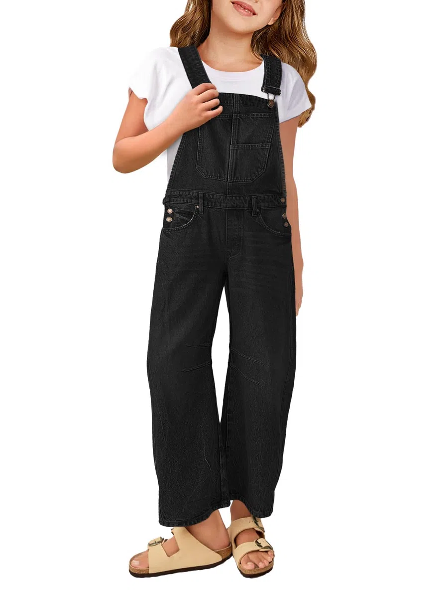 Haloumoning Denim Jumpsuit Mädchen Jeans Latzhose Kinder Ärmelloses Lange Hosen Overall Casual Loose Fit Strampler mit Taschen