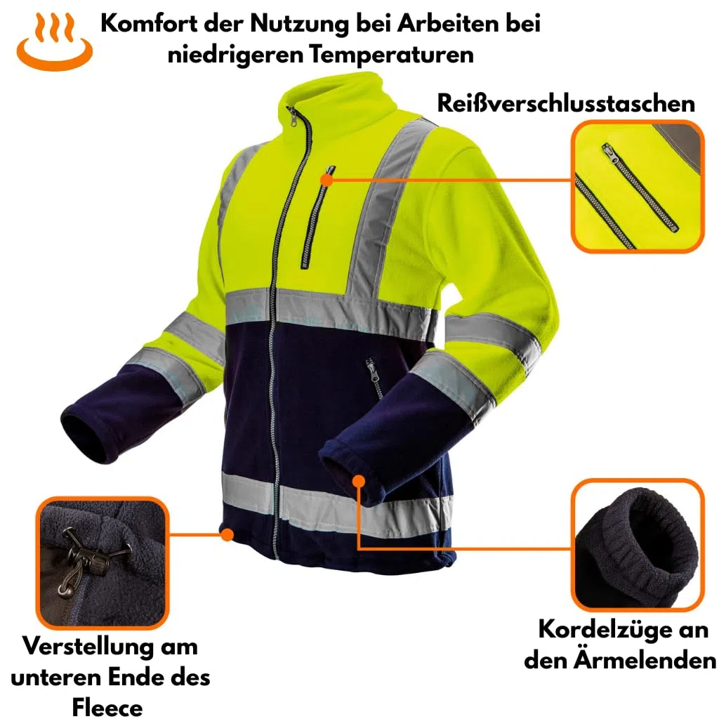 NEO TOOLS Herren Warnschutz Arbeitsjacke Warn Fleece Jacke (Gr. S - XXL) (Orange/Gelb) | oder Set mit Thermo wasserdichte Hose | Warme, Bequeme und Leichte Jacke