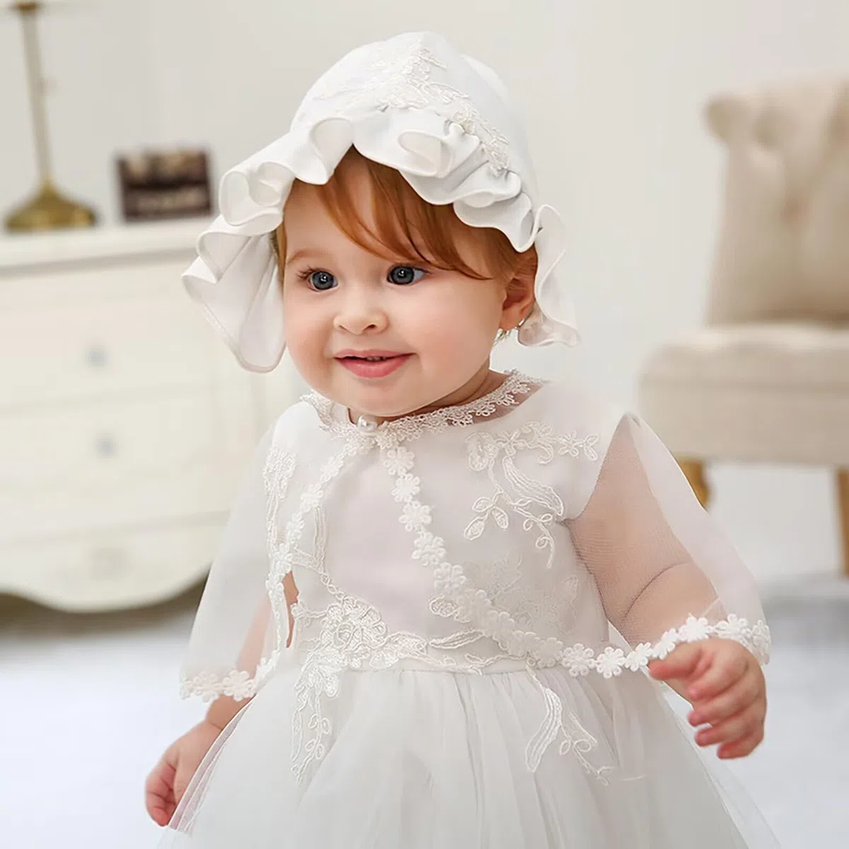 Baby Mädchen Weiß Taufkleid mit Haube Neugeborenen Taufe Kleid Spitzenkleid für Hochzeit Geburtstag