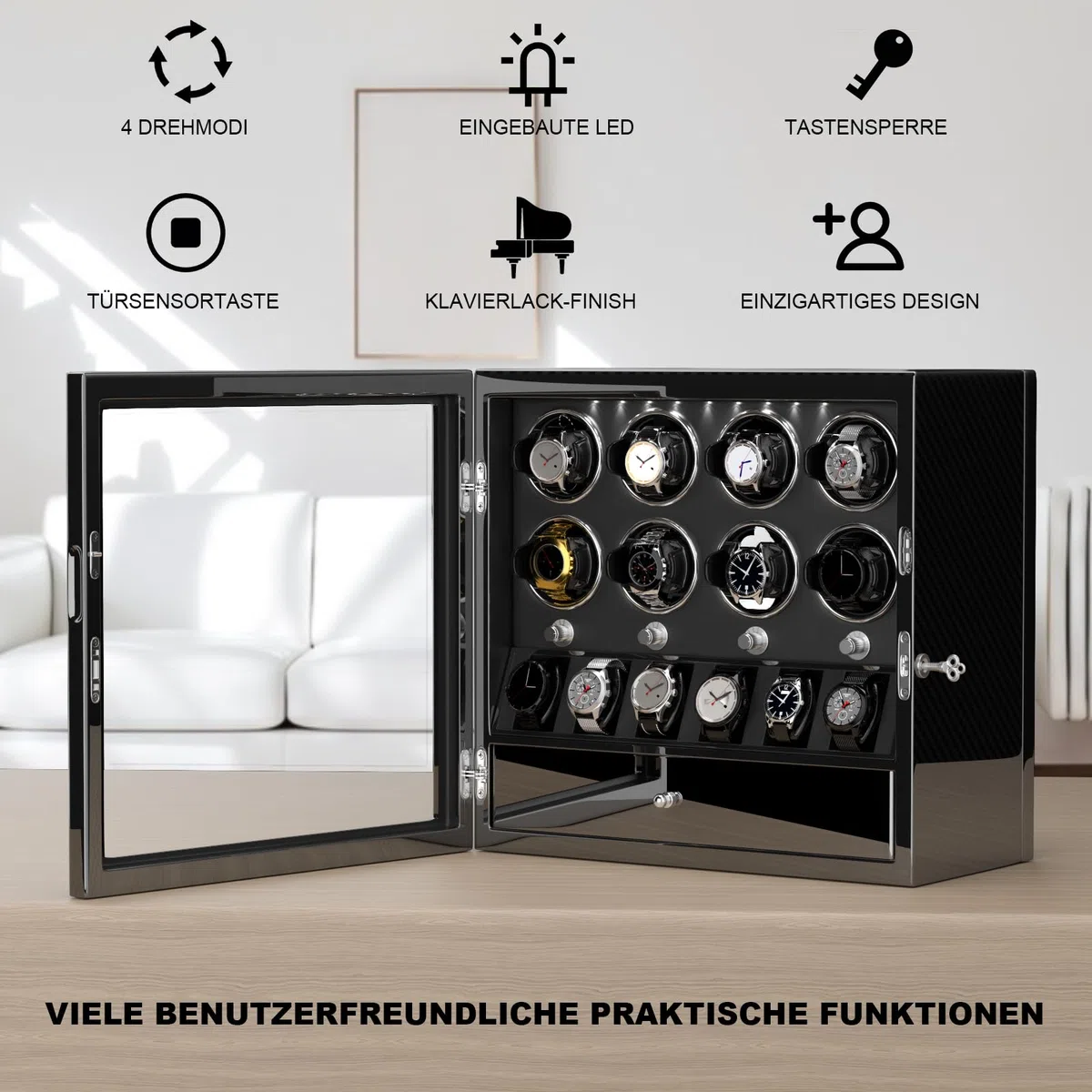 XTELARY Uhrenbeweger,Abschließbarer Uhrenbeweger für 2/4/6/8 mit 4 Rotationsmodi, Speicherplätzen,Aufbewahrungsschublade, Weißes LED-Licht Superleiser Motor und Federuhrkissen für Herren und Damen