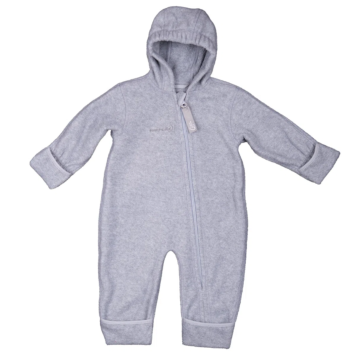 Hoppediz Baby Overall Fleece, stone 92-98 | Wärmender Overall mit extra langen Beinen, mit Daumenloch, Umschlagbündchen an den Füßen, ideal für Babytrage und Tragetuch