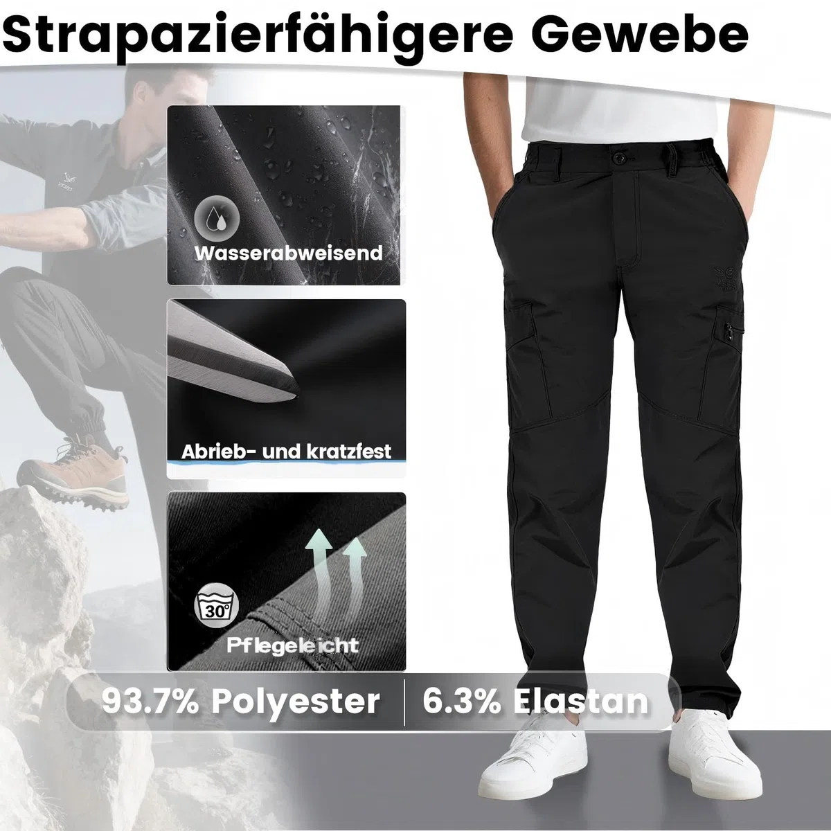 Aimato Wanderhose Herren wasserabweisend, Cargohose mit 6 Multifunktionstaschen, Teilweise Elastische Taille Outdoorhose, Arbeitshose für Trekking, Wandern, Camping, Reisen