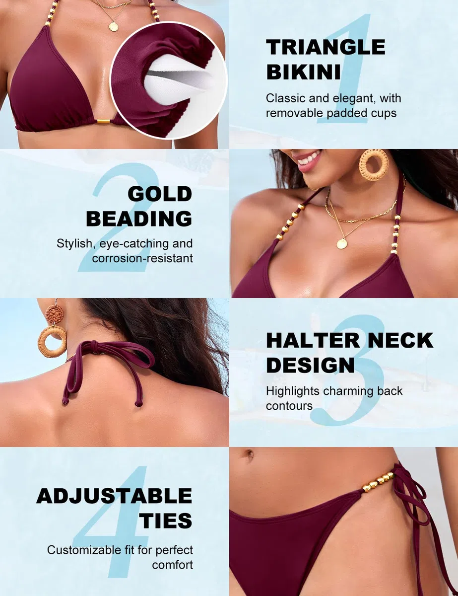 Svanco Triangel Damen Bikini Set mit Goldperlen, Neckholder Bikini Oberteil mit Polster und String Bikinihose zum Binden