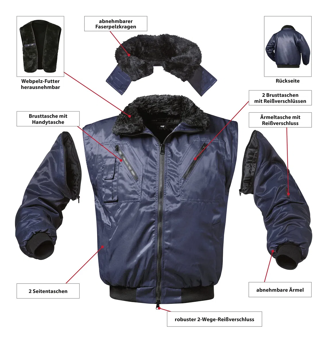 Pilotenjacke Pilot Jacke Arbeitsjacke 4-in-1 Funktion 2-farbig