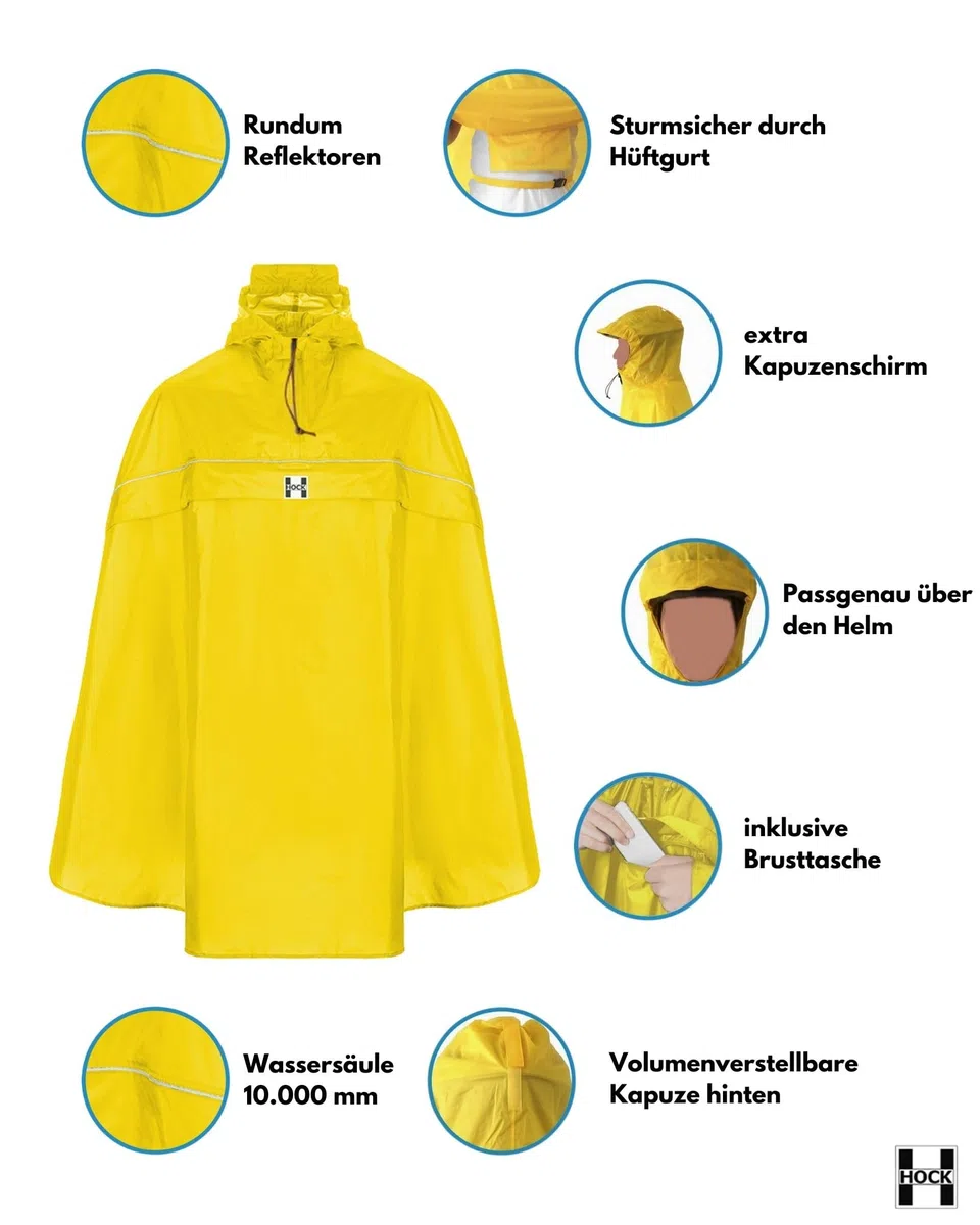 HOCK Fahrrad Regenponcho mit neuer Kapuzenform - Fahrradponcho Wasserdicht mit Reflektoren - Herren Damen Regenschutz - optimales Regencape zum Mitnehmen für alle Biker