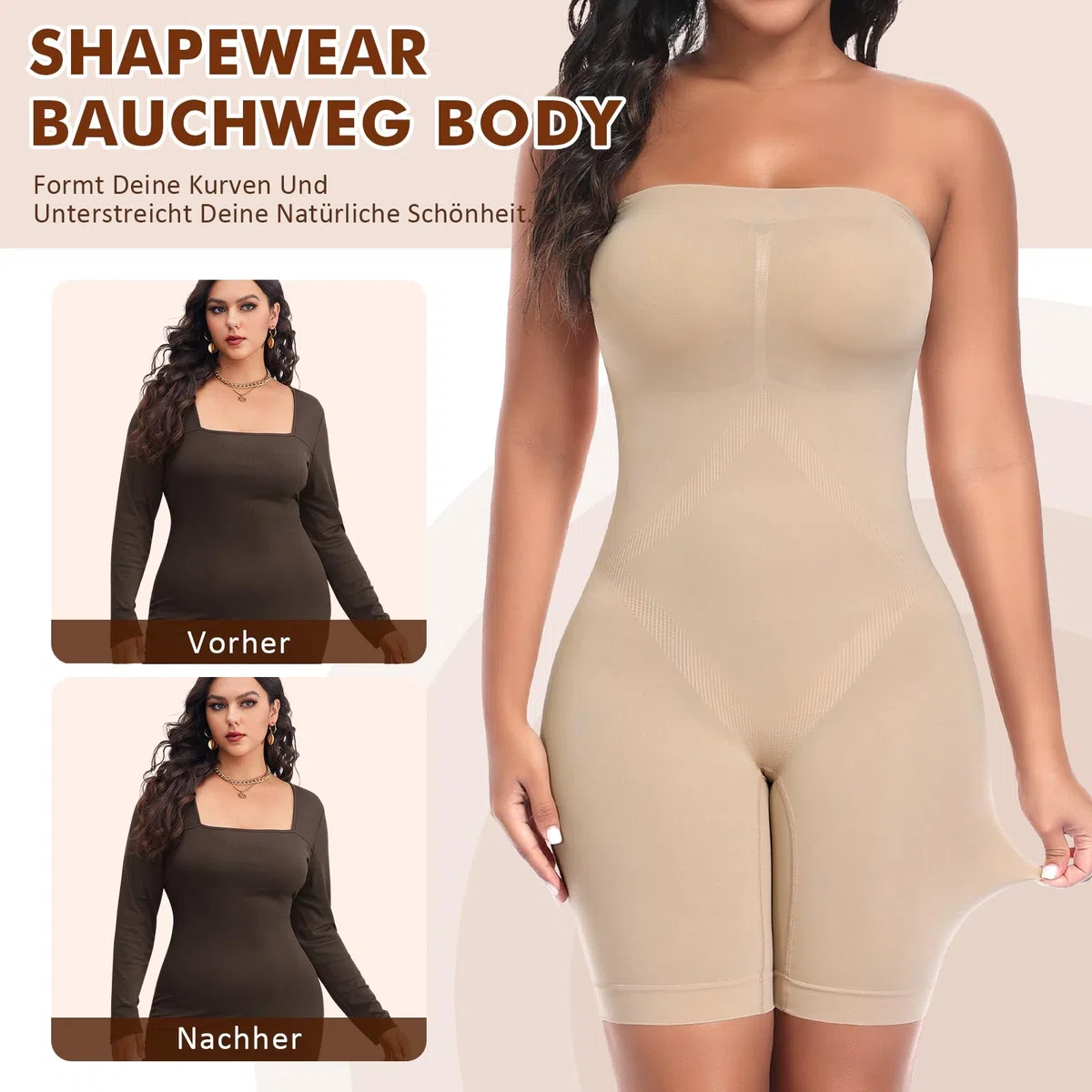 Werena Shapewear Damen Body Bauchweg Trägerlos – Full Body Shaper mit Bein, Nahtloser Bodysuit Stark Formend, Figurformender Miederbody mit 2 Paar Abnehmbaren Trägern