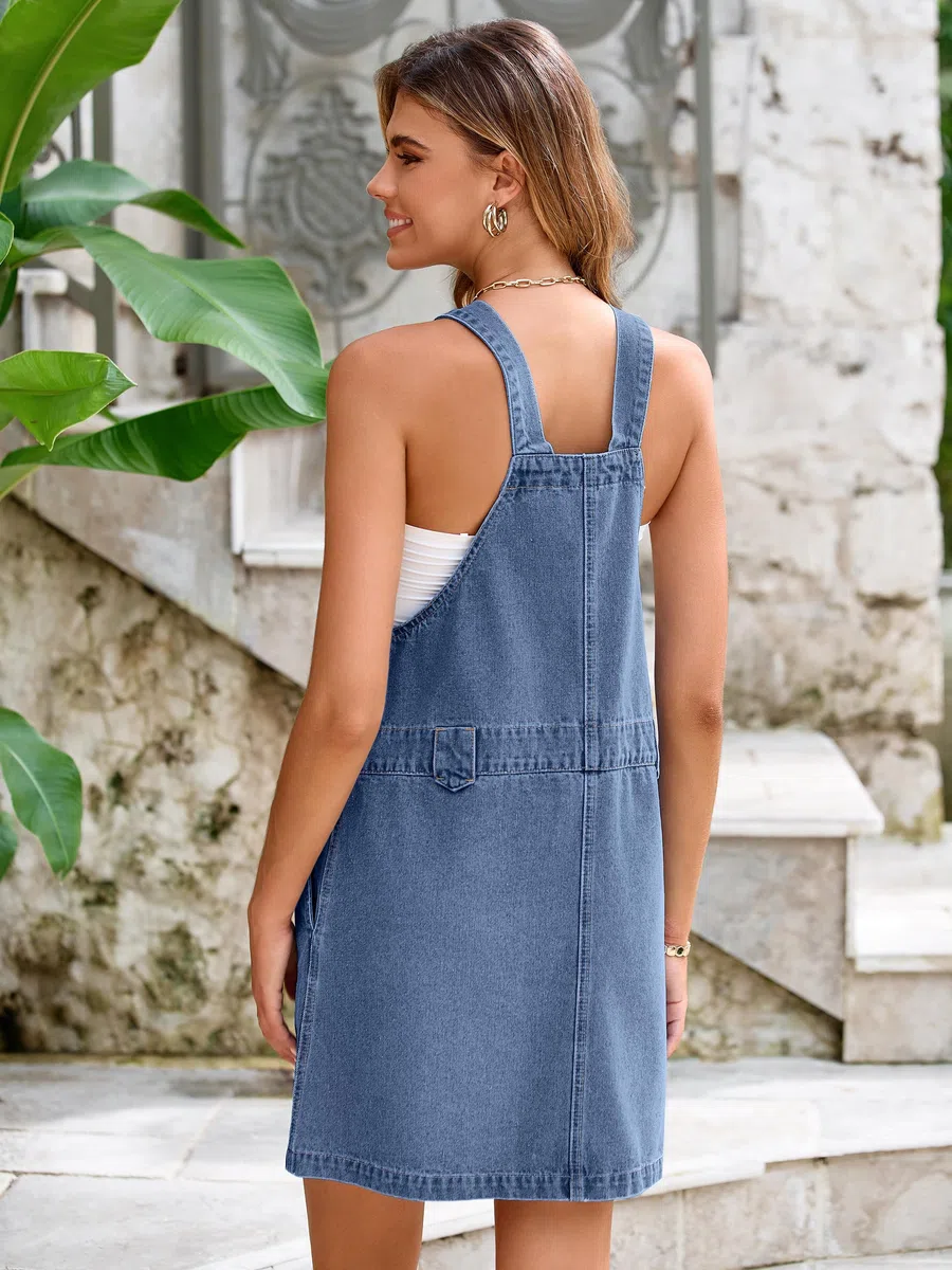 Glamaker Damen Denim Overall Kleid Jeans Ärmellos 2025 Mini Latzhose Casual Knopf Kleid mit Tasche