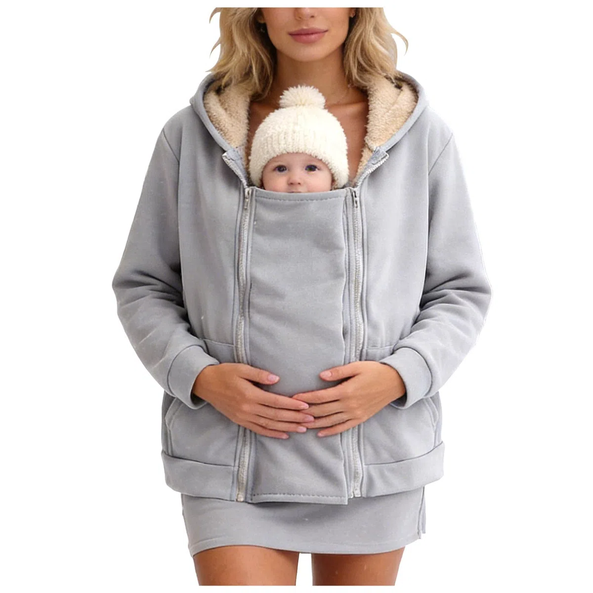 Umstandsjacke mit Babyeinsatz Warm Teddy Fleecejacke Umstands jacke Winter Umstandsmode 2 in 1 Tragejacke mit Taschen Teddyfleece Winterjacke Flauschig Weich Plüschjacke Einfarbig Teddyjacke