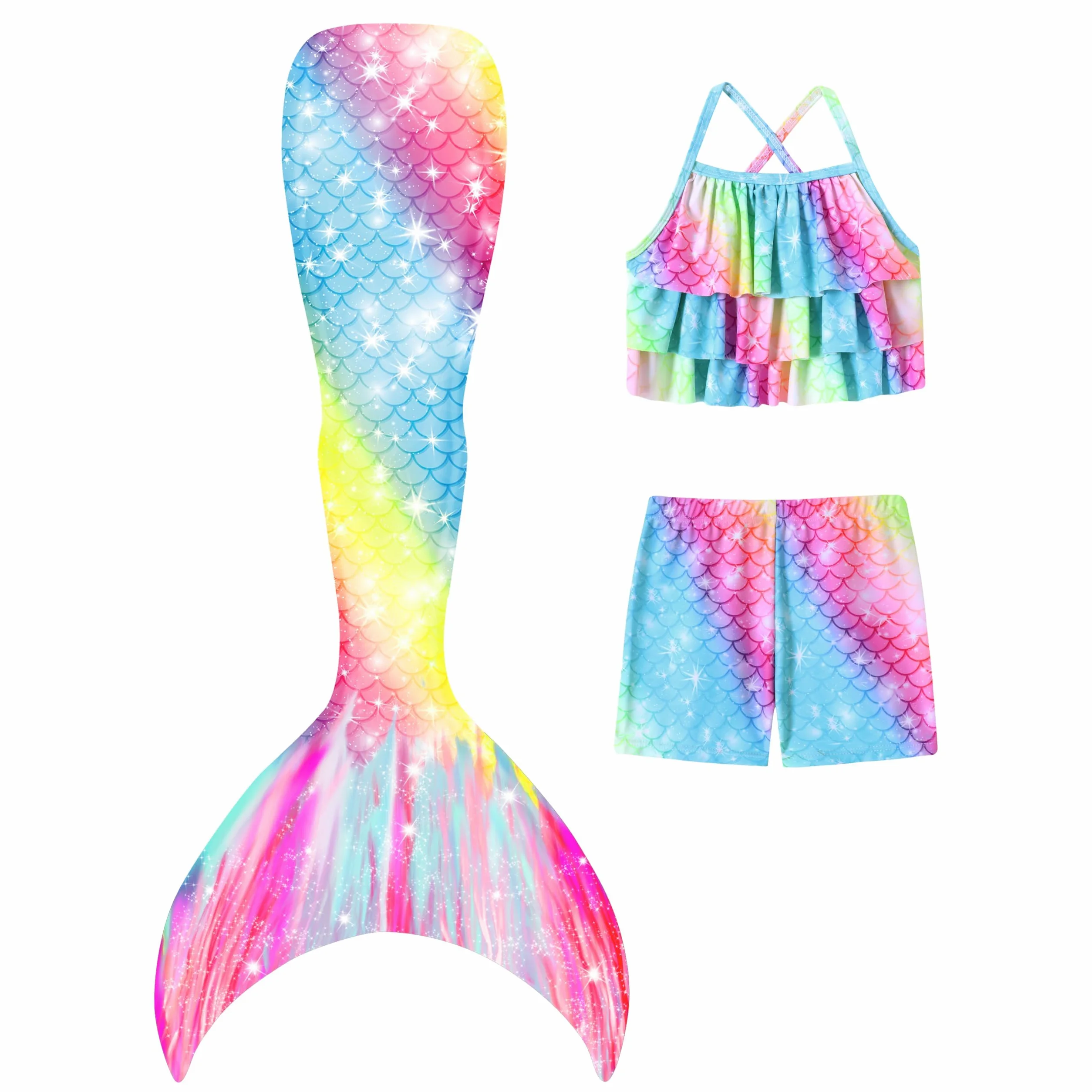 3-teiliger Meerjungfrauen-Badeanzug für Mädchen, Tankini-Badeanzug mit kurzem Regenbogen-Fischschwanz (4-10 Jahre)