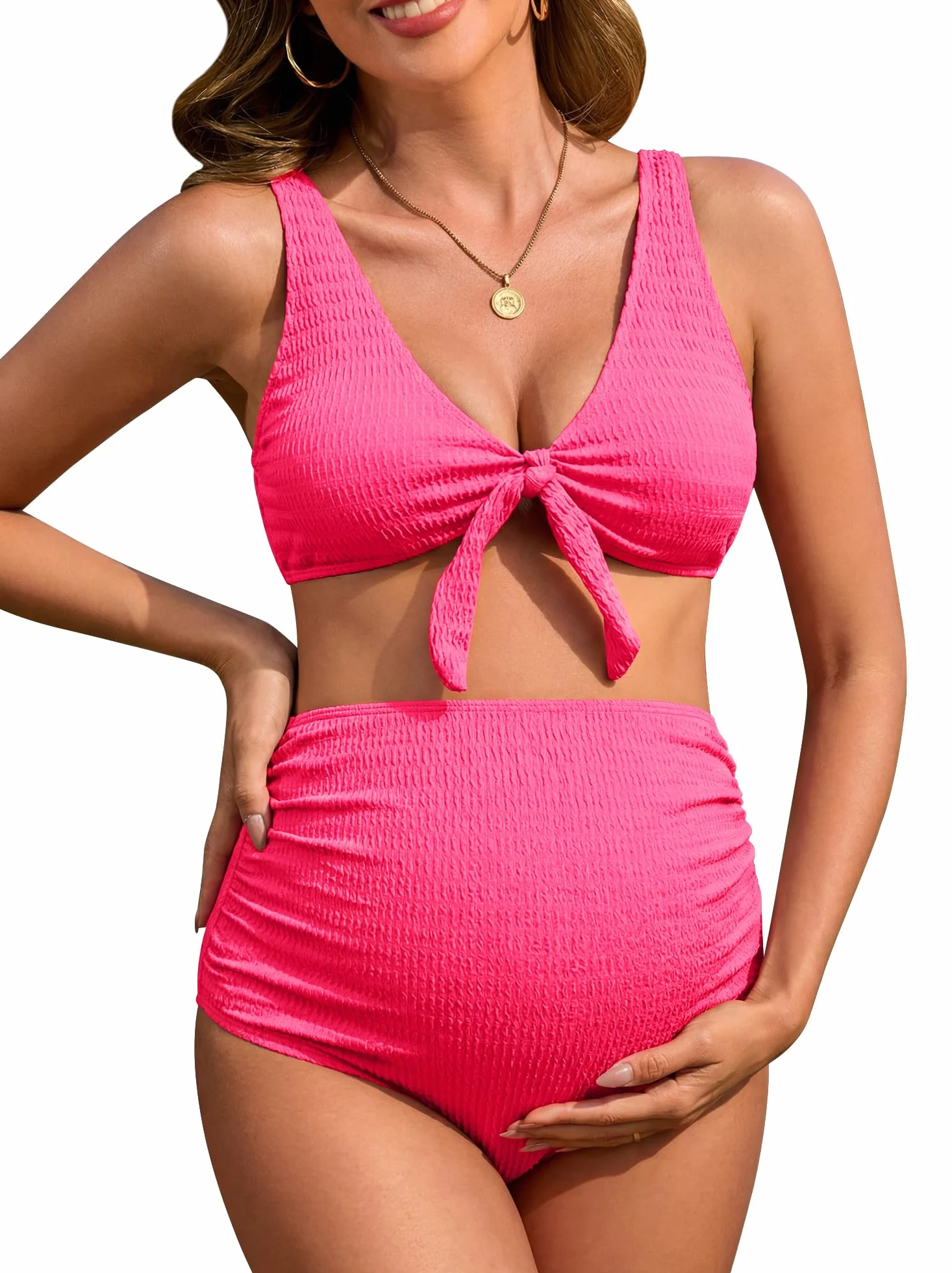 FEOYA Umstandsbikini 2-teilig, Hohe Taille Schwangerschaftsbadeanzug mit V-Ausschnitt, Weiche Atmungsaktive Bademode für Schwangere, XS-L