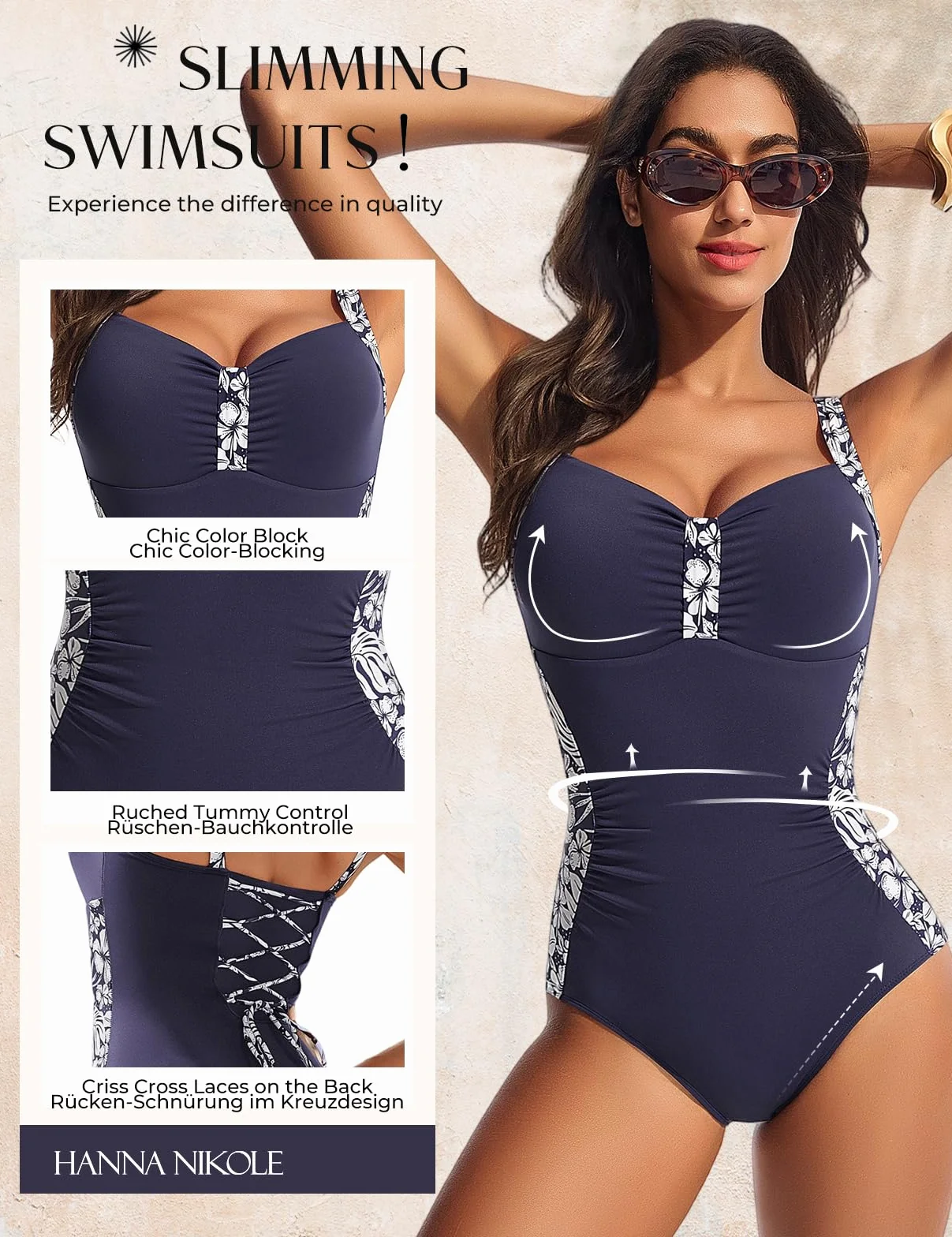 Hanna Nikole Badeanzug Damen Bauchweg V Ausschnitt Raffung Bademode Swimsuit Push Up Criss Cross Rückenfrei Monokini