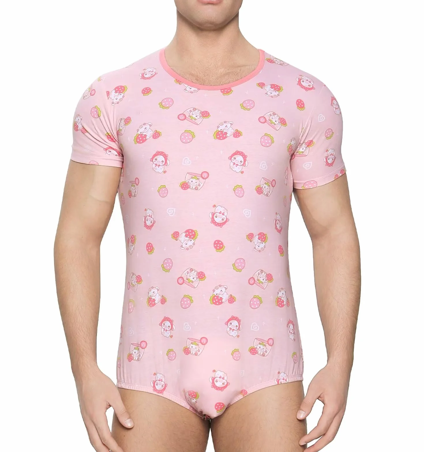 Landofgenie Kurzärmeliger Herren-Bodysuit Einteiliges T-Shirt Bedruckter Pyjama Leotard Atmungsaktive Baumwolle Onesie Erdbeer Kuh