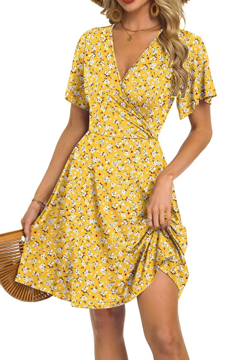 PLMOKEN Sommerkleid Damen Kurz Wickel Kleid Damen Sommer Empire Taille Kurzarm Strandkleid Luftig Fließendes Kleid mit V Ausschnitt Blume und Taschen