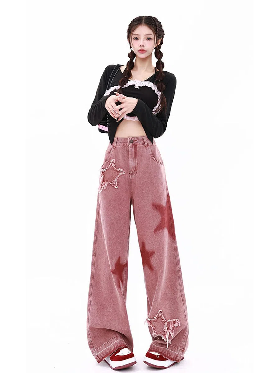 Herbst rosa Damenjeans High Street Retro Stern Bestickt Sweet Girl Style Hose lockere Mode Hose mit weitem Bein weiblich 2023-Rostrot-S