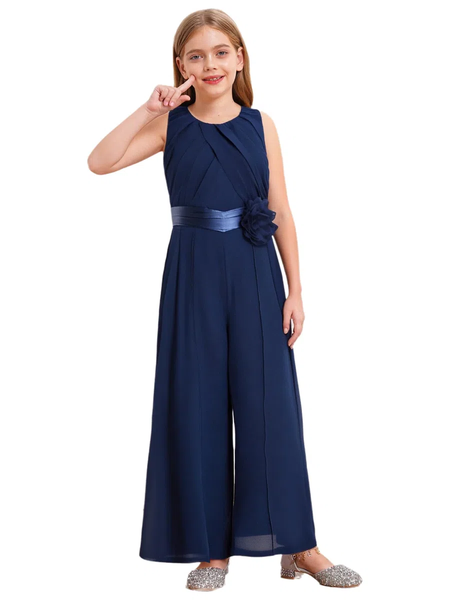 Mädchen Jumpsuit Festlich Overall Elegant Hosenanzug mit Blumen Taillengürtel Weites Bein Hose Festlich Hochzeit Geburtstag Party Outfits Marine Blau 146-152