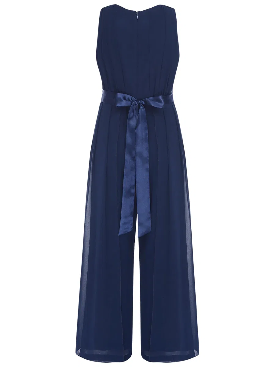 Mädchen Jumpsuit Festlich Overall Elegant Hosenanzug mit Blumen Taillengürtel Weites Bein Hose Festlich Hochzeit Geburtstag Party Outfits Marine Blau 146-152