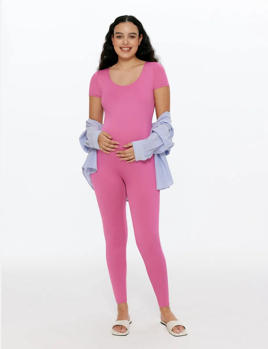 POSHDIVAH Damen Umstands-Jumpsuit Strampler Schwangerschaft Kurzarm T-Shirts Bodycon Bodysuit Shapewear