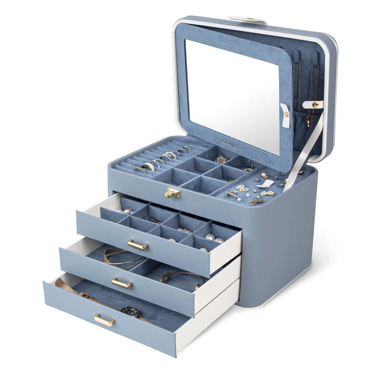 KAMIER Schmuckkästchen für Damen, Große Schmuckschatulle mit 4 Ebenen, Schmuckbox mit Spiegel und Schloss,Schmuckaufbewahrung für Ringe, Ohrringe, Halsketten, Armbänder, Geschenkidee für Mädchen