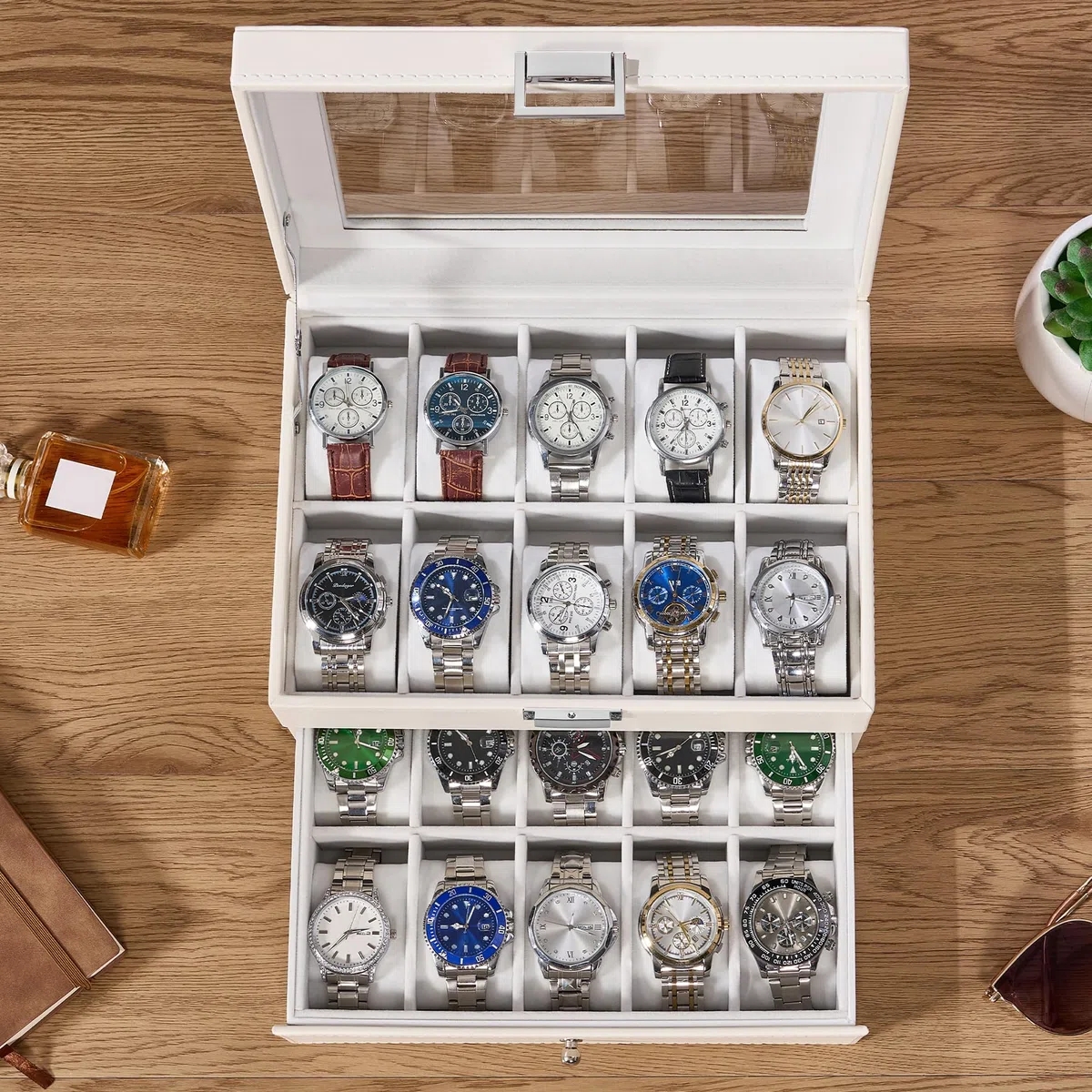 BEWISHOME Uhrenbox Organizer 20 Fächer Uhrenbox Herren Display Aufbewahrungsbox Metallscharnier Weißes PU-Leder Glasdeckel Großer Uhrenaufbewahrung, Uhrenkasten Damen, Weiß ESSH04W