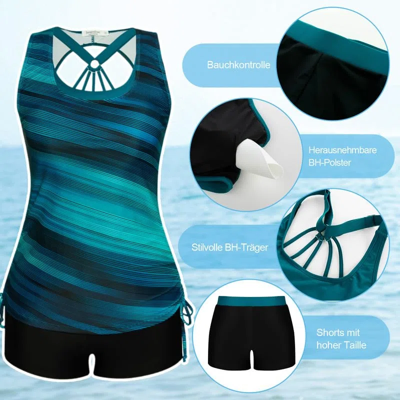 JASAMBAC 3-teiliger Damen Bauchweg Tankini Sets, Push-up-Bikinioberteil und High Waist Badeshorts, einfache Badebekleidung, Sport-Badeanzug,Bademode für Strand,Schwimmbad