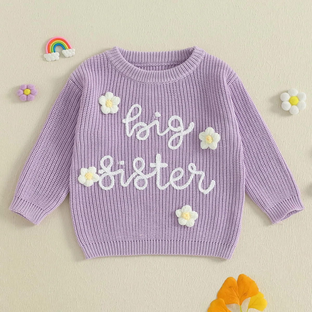 Strickpullover mit Aufschrift "Big Sister", für Kleinkinder, Mädchen, bestickt, Buchstaben, Blume, Pullover, Top, Frühling, Herbst, Winter, Outfit, Kleidung