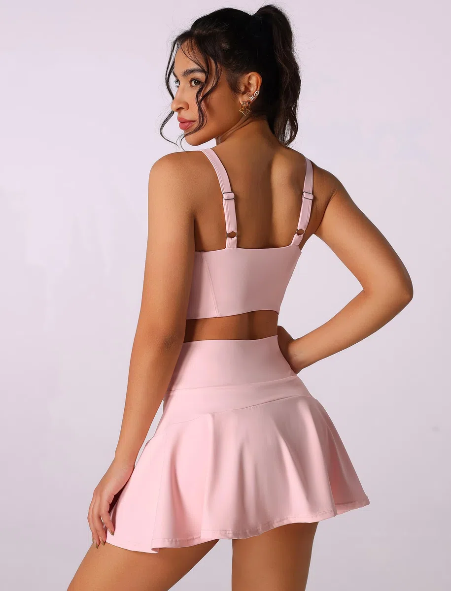 Tenniskleid Damen mit Hose und Taschen: Zweiteiler Sommerkleid Tennisrock + Träger Top mit integriertem BH - Sportkleid für Tennis Golf Yoga Gym