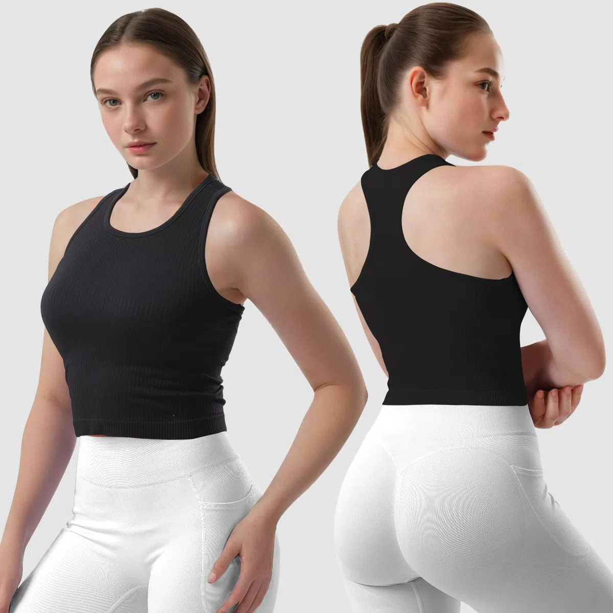 2/3/4er Damen Sport Tops mit integriertem BH Rippiertes Racerback Tank Top Nahtloser Atmungsaktiver Crop Top Camisole für Fitness, Yoga, Gym & Alltag