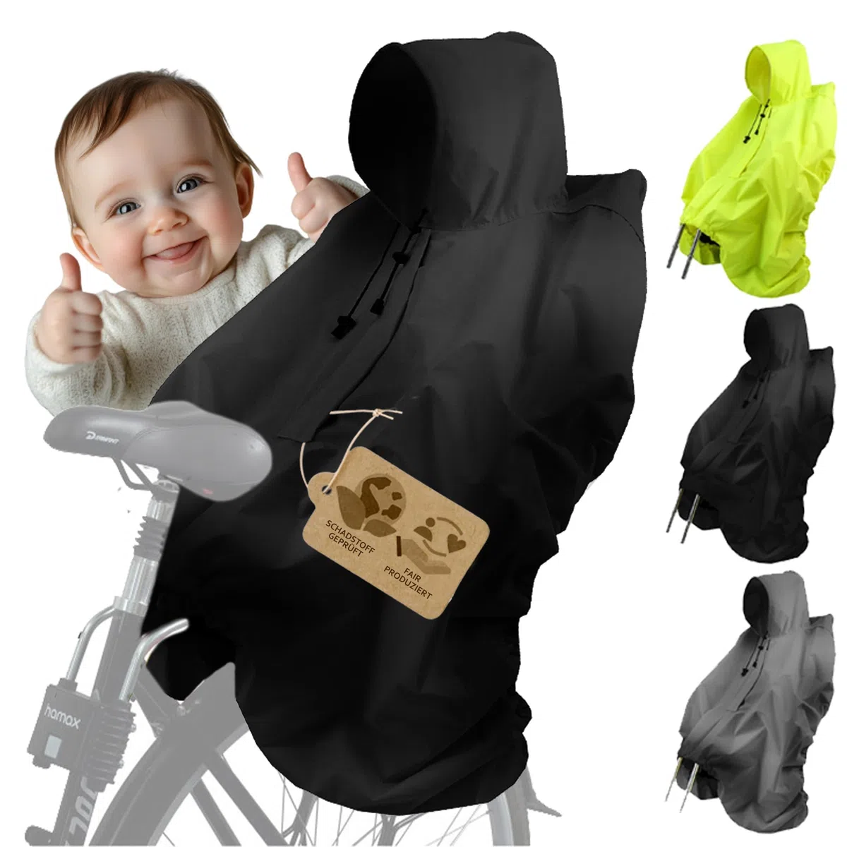 BambiniWelt Regencape Kinder – Regenponcho für Fahrradsitz, für Römer, wasserabweisend & reflektierend, Nylon Regenschutz mit Kapuze für Helm, für Kinderfahrradsitze