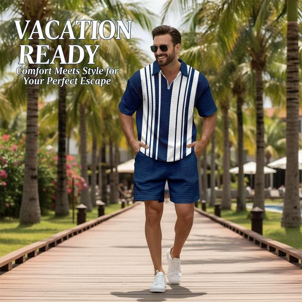 Generisch Herren Poloshirt mit Taschen Große Größen Bequem Waffel-Struktur Texturiert Atmungsaktiv Sommer Freizeit Anzug Herren Set 2-Teiler Bekleidung Neu