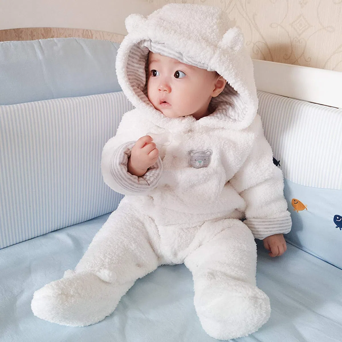 Baby Winter Schneeanzug Baby Strampler, Junge und Mädchen Einteiliger Anzug mit Kapuze, Kleinkind Oberbekleidung Schneeanzug Set Dick und Warm,Weiß 6-9 Monate